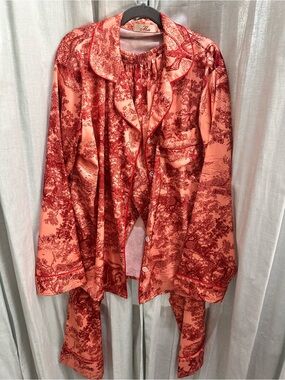Mia Satin Toile Print‎ 2-Piece Pajama Set Peach & Red size S